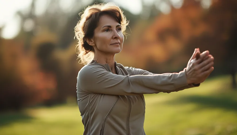 Active woman in her 50s stretching, healthy and strong